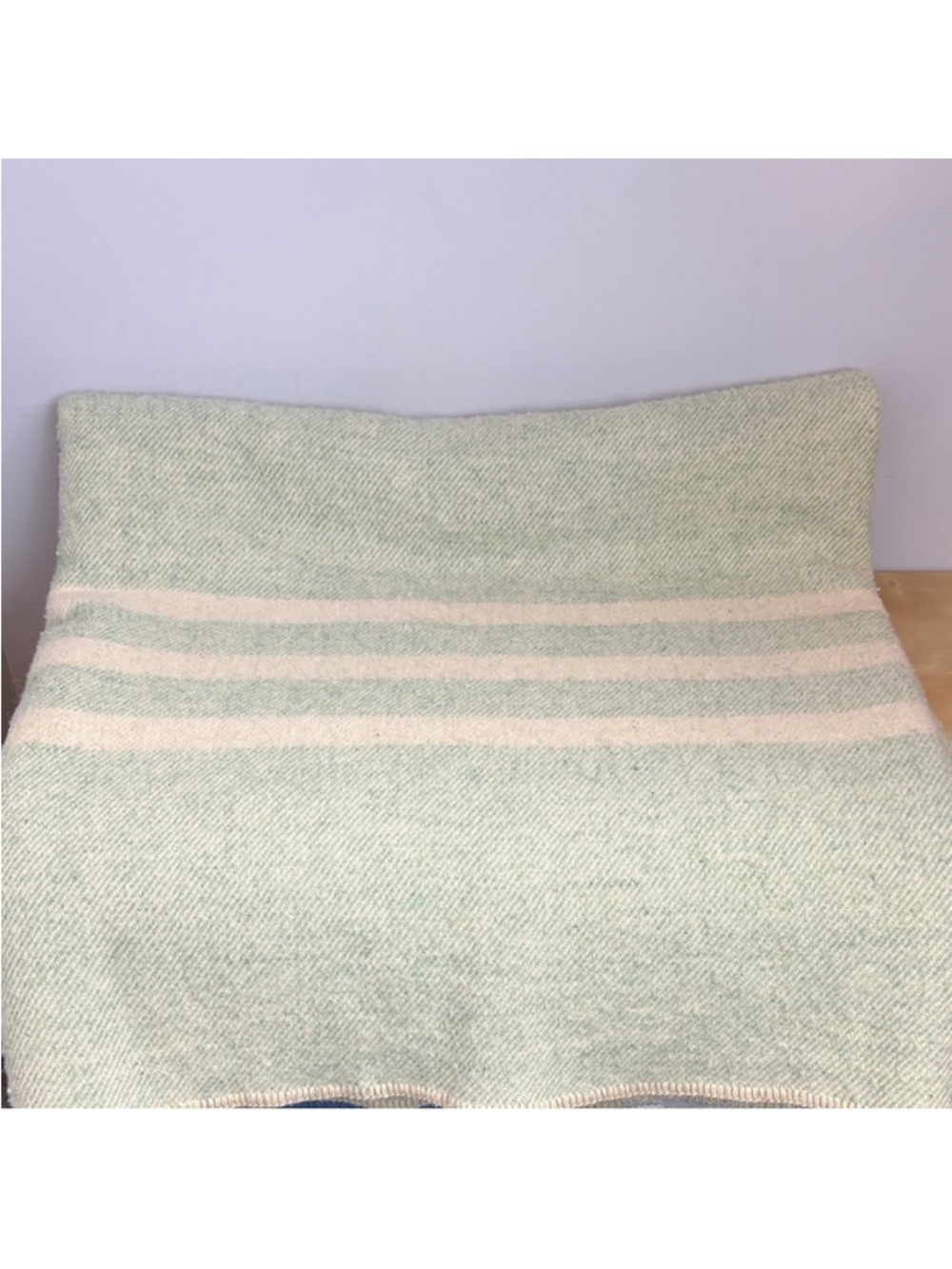 Vintage Wool Blanket Sage Green w/Cream Stripes | Cozy Winter Cabin Throw - Picture 4 of 6